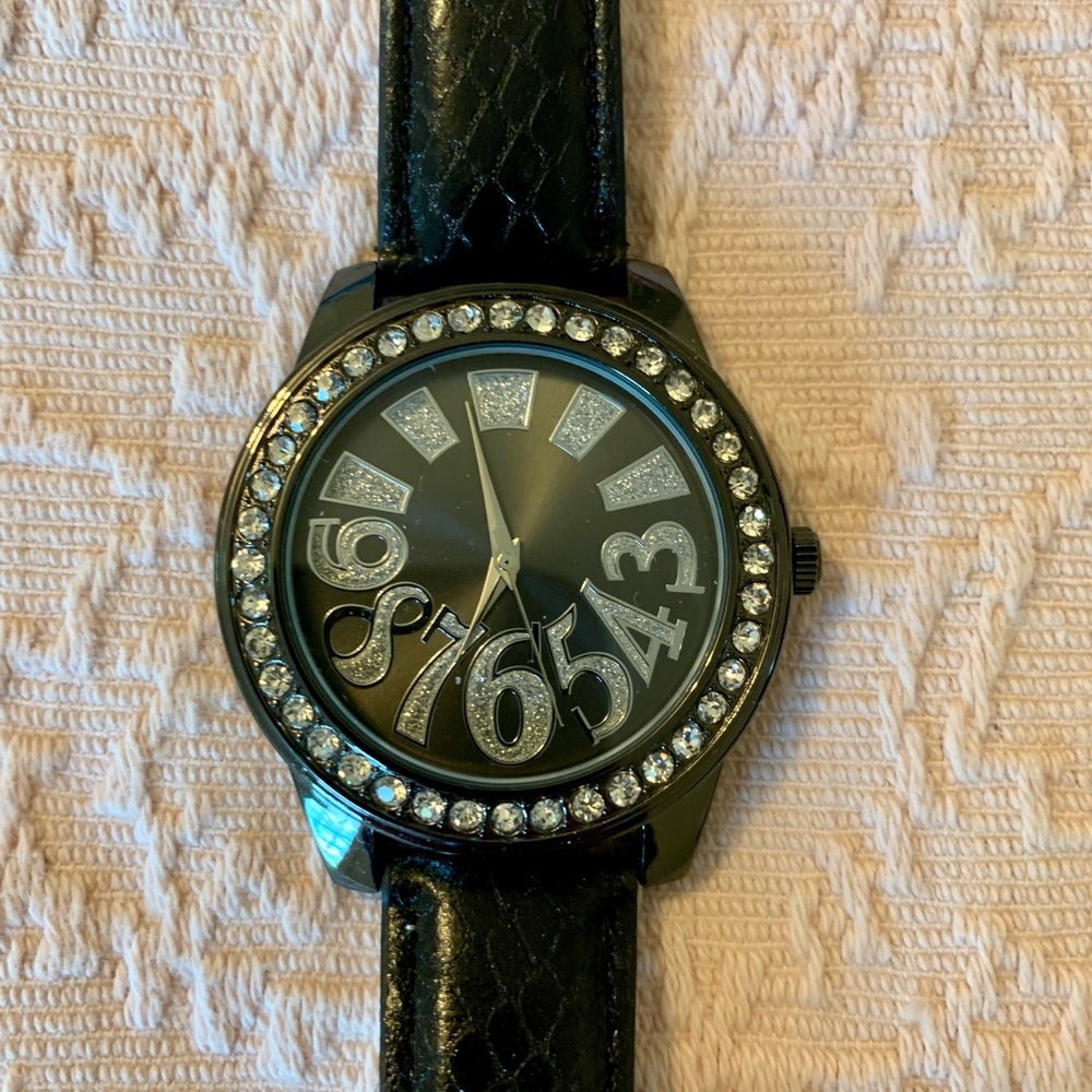 Black Vegan Leather Watch with Alice in Wonderland Like Numbers and Rhinestones